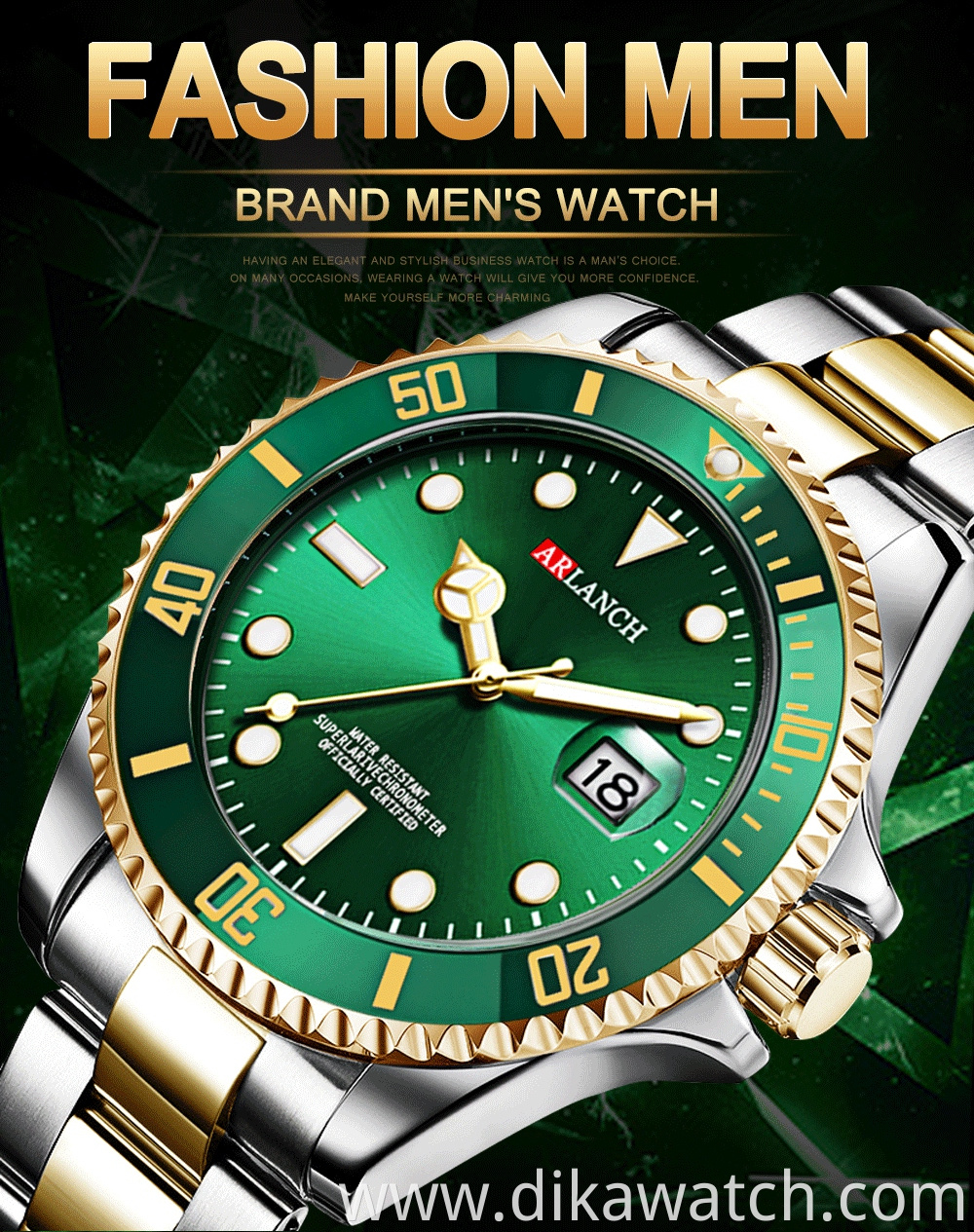 ARLANCH A306 New Water Ghost Series Classic Green Dial Luxury Men Not Automatic Watches Stainless Steel Waterproof Quartz Watch